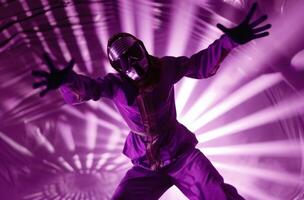 AI generated dancing purple acrobat in light space with hands wide open photo