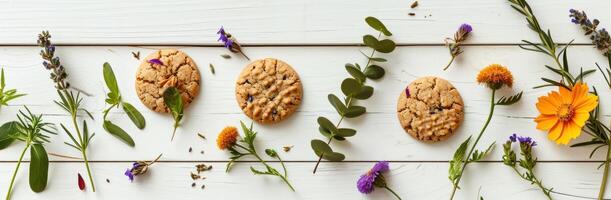 ai generado galletas, flores, hierbas y hojas terminado blanco de madera antecedentes foto