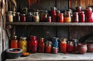 AI generated various jars of different types of jam are on the shelf photo