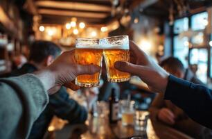 ai generado hombres Bebiendo cervezas juntos en un pub foto