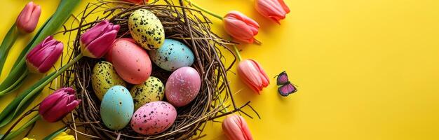 AI generated colorful easter eggs and colorful tulips in easter nest on yellow photo