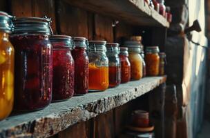 AI generated various jars of different types of jam are on the shelf photo