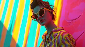 AI generated woman standing on a colorful background wearing colorful sunglasses photo