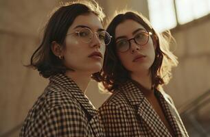 AI generated two women are wearing checkered jackets and glasses photo