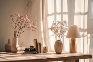 ai generado madera mesa con mesa lámparas, florero, flores, libro y cámara foto