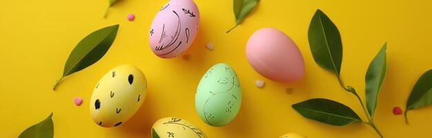 AI generated colorful easter eggs and colorful tulips in easter nest on yellow photo