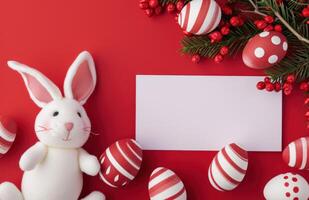 ai generado Pascua de Resurrección conejito y huevos en rojo superficie con blanco tarjeta foto