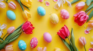 AI generated colorful easter eggs and colorful tulips in easter nest on yellow photo