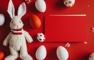 AI generated easter bunny and eggs on red surface with blank card photo