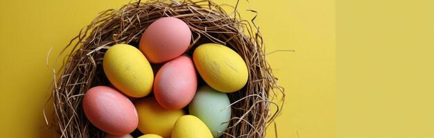 ai generado vistoso Pascua de Resurrección huevos y vistoso tulipanes en Pascua de Resurrección nido en amarillo foto