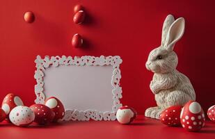 AI generated easter bunny and eggs on red surface with blank card photo