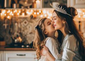 AI generated cute little girl kisses mother in the kitchen with her crown on photo