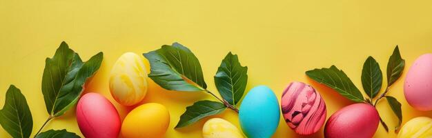 AI generated colorful easter eggs and colorful tulips in easter nest on yellow photo