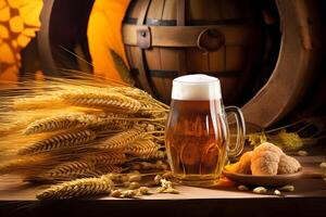 AI generated Oktoberfest beer glasses full of beer and beer barrel with wheat on wooden table, neural network generated photorealistic image photo