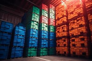 AI generated Colored plastic boxes Stacked on Pallets in Storage Warehouse. Supply Chain. Storehouse Distribution. Cargo Shipping Supplies Warehouse Logistics, neural network generated image photo