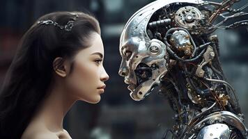 AI generated asian woman versus robot looking at each other, face to face, side view, neural network generated image photo