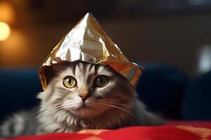 AI generated suspicious cat wearing foil hat, neural network generated photorealistic image photo