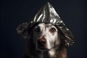 AI generated suspicious dog wearing foil hat, neural network generated photorealistic image photo