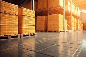 AI generated Package Boxes Wrapped Plastic Stacked on Pallets in Storage Warehouse. Supply Chain. Storehouse Distribution. Cargo Shipping Supplies Warehouse Logistics, neural network generated image photo