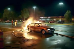 ai generado un coche es en fuego en vacío estacionamiento lote a verano noche, neural red generado imagen foto
