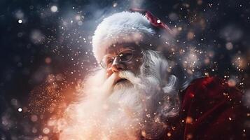 AI generated Santa Claus face closeup with defocused glitter bokeh background , neural network generated image photo