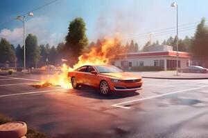 ai generado un coche es en fuego en un estacionamiento lote a verano día, neural red generado imagen foto