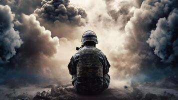 AI generated A soldier sitting in front of a cloud of smoke, neural network generated image photo