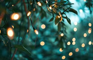 AI generated lighted fairy lights hanging from a string in an outdoor garden photo