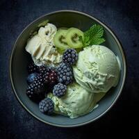 AI generated a bowl of ice cream with green fruits and berries photo