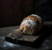 ai generado pan de un pan en un de madera tablero foto