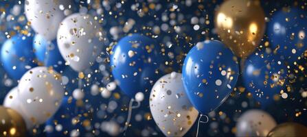 AI generated a blue and white group of balloons with white and gold confetti photo