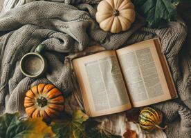 AI generated a book on a blanket, cup and pumpkins photo