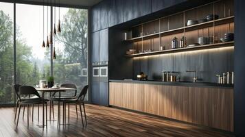 AI generated modern kitchen with wooden floor and wooden cabinets photo