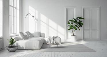 AI generated minimalist white living room with plant photo