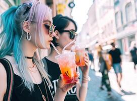 ai generado muchachas en Gafas de sol disfrutando Fruta bebidas en un calle foto