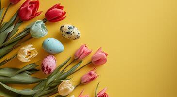 ai generado vistoso Pascua de Resurrección huevos y vistoso tulipanes en Pascua de Resurrección nido en amarillo foto