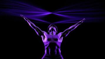 AI generated dancing purple acrobat in light space with hands wide open photo