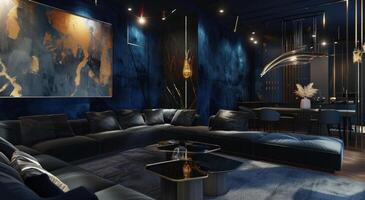 AI generated futuristic living room with blue walls and black furniture photo