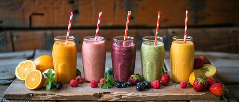 AI generated five different types of smoothies placed against a wooden board photo