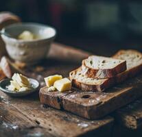 AI generated free bread and butter on a wooden board photo