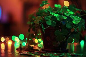 AI generated green shamrock hat and sparkly green accessories photo