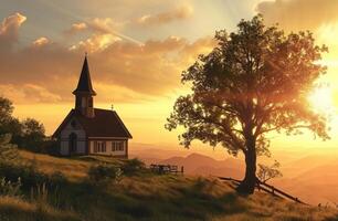 ai generado un Iglesia en un ladera a puesta de sol con un árbol foto