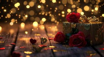 ai generado un regalo caja con rojo rosas y dorado corazones en un de madera piso foto