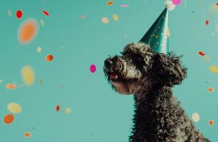 ai generado un perro en un fiesta sombrero en un azul fondo animado gifs foto