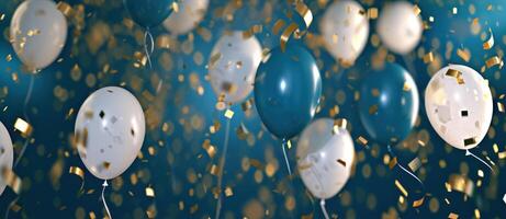 AI generated a blue and white group of balloons with white and gold confetti photo