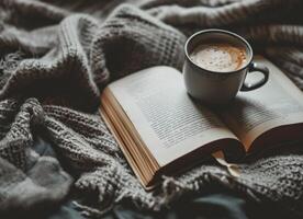 AI generated a cup of coffee on a blanket next to an open book photo