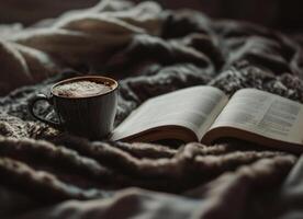 AI generated a cup of coffee on a blanket next to an open book photo