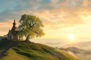 ai generado un Iglesia en un ladera a puesta de sol con un árbol foto