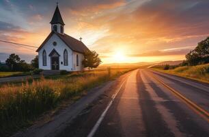 AI generated a church next to an empty road at sunrise, photo