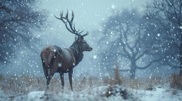 ai generado un ciervo con un enorme estante en pie en un hermosa nieve tormenta foto